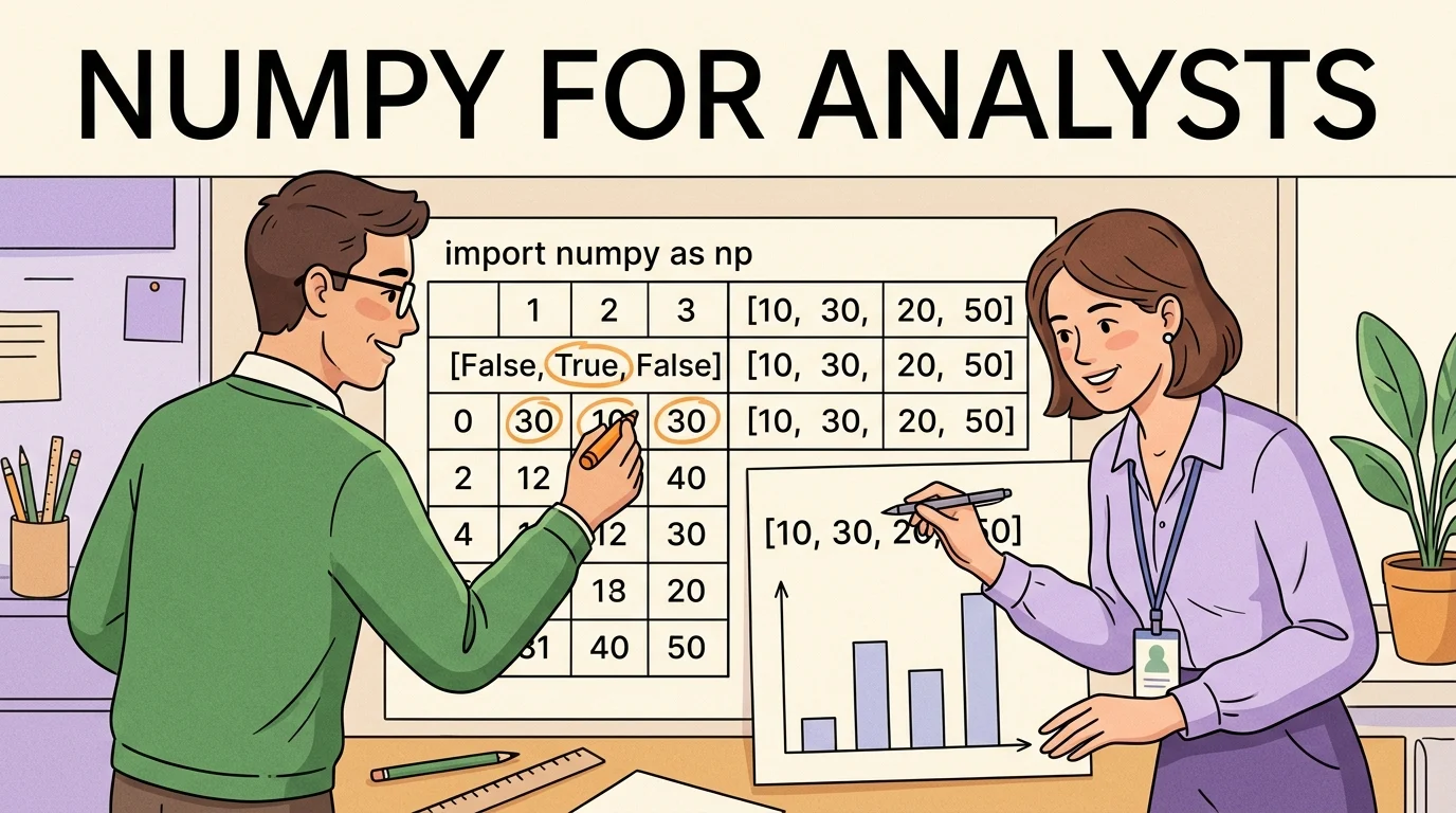 Два аналитика исследуют массивы NumPy и превращают числовые значения в понятный расчёт.