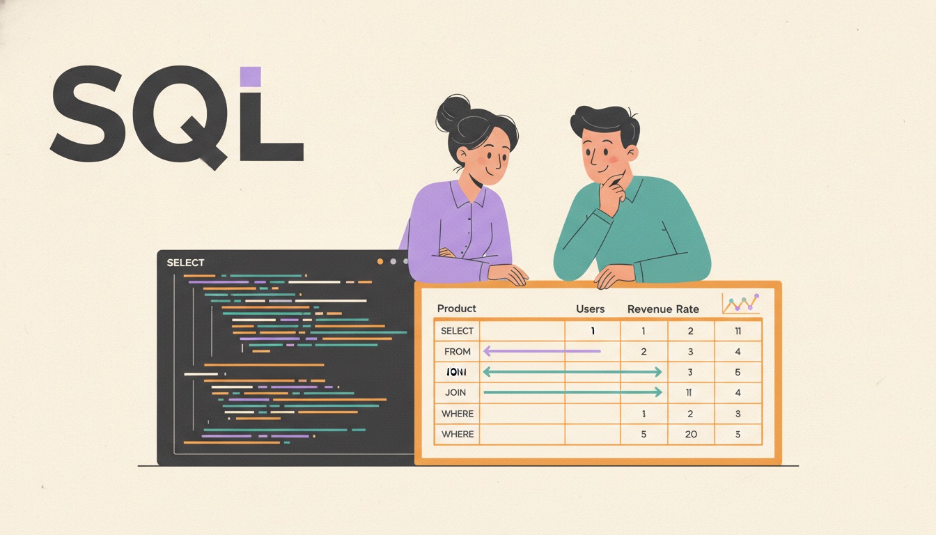 Иллюстрация с надписью SQL: два аналитика смотрят на запрос и таблицу продуктовых данных.